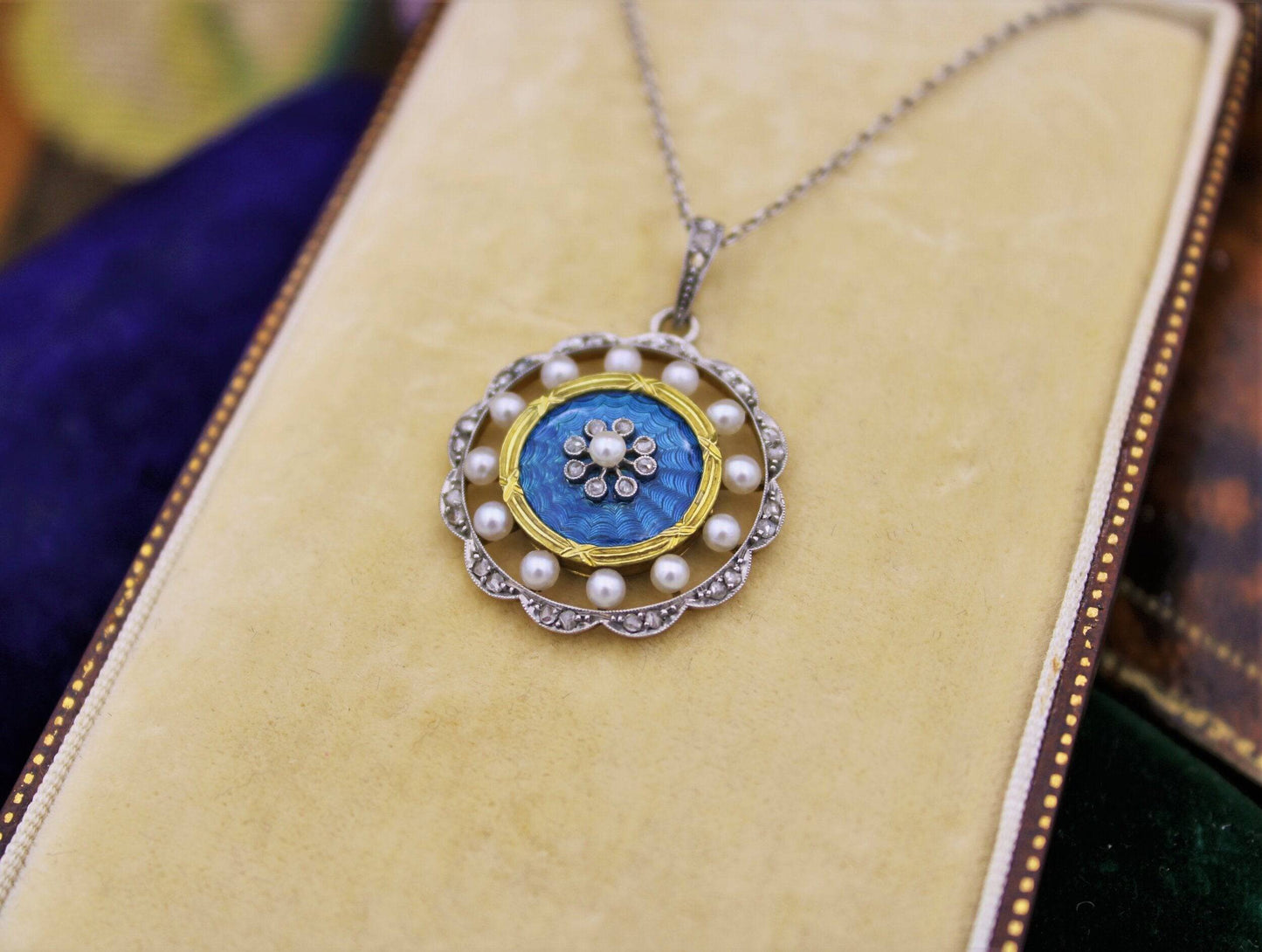 A very fine Edwardian Blue Enamel, Pearl & Diamond Pendant in 18ct Yellow Gold & Platinum, English, Circa 1905 - Robin Haydock Antiques