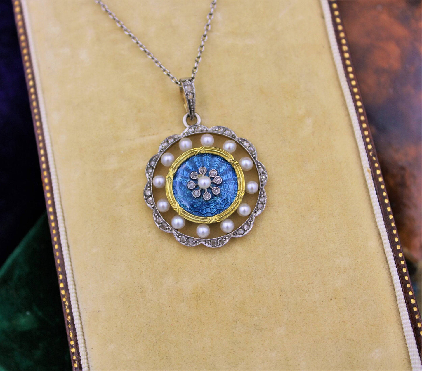 A very fine Edwardian Blue Enamel, Pearl & Diamond Pendant in 18ct Yellow Gold & Platinum, English, Circa 1905 - Robin Haydock Antiques