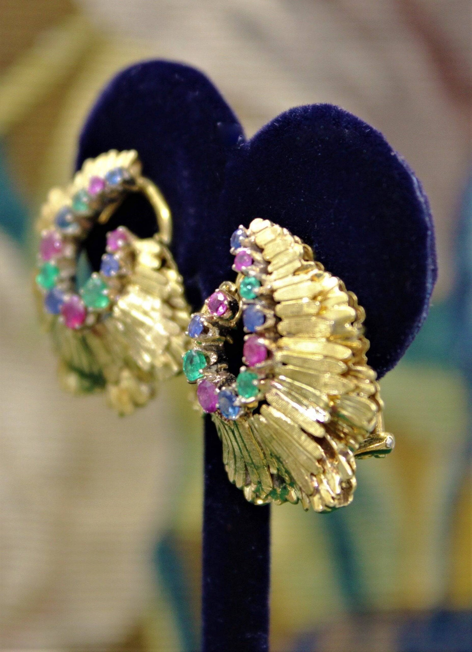 A very fine pair of Sapphire, Ruby & Emerald Earrings set in 18ct Yellow Gold, English, Circa 1980 - Robin Haydock Antiques