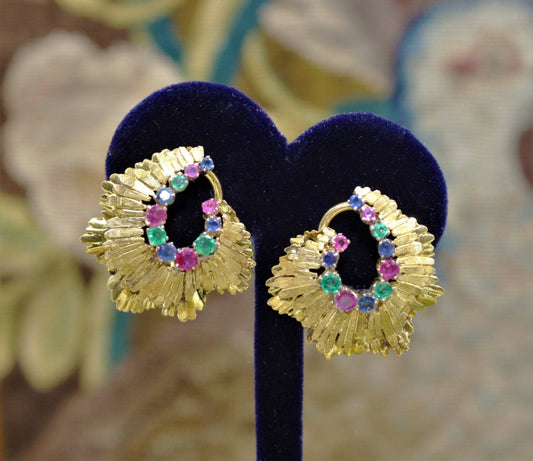 A very fine pair of Sapphire, Ruby & Emerald Earrings set in 18ct Yellow Gold, English, Circa 1980 - Robin Haydock Antiques