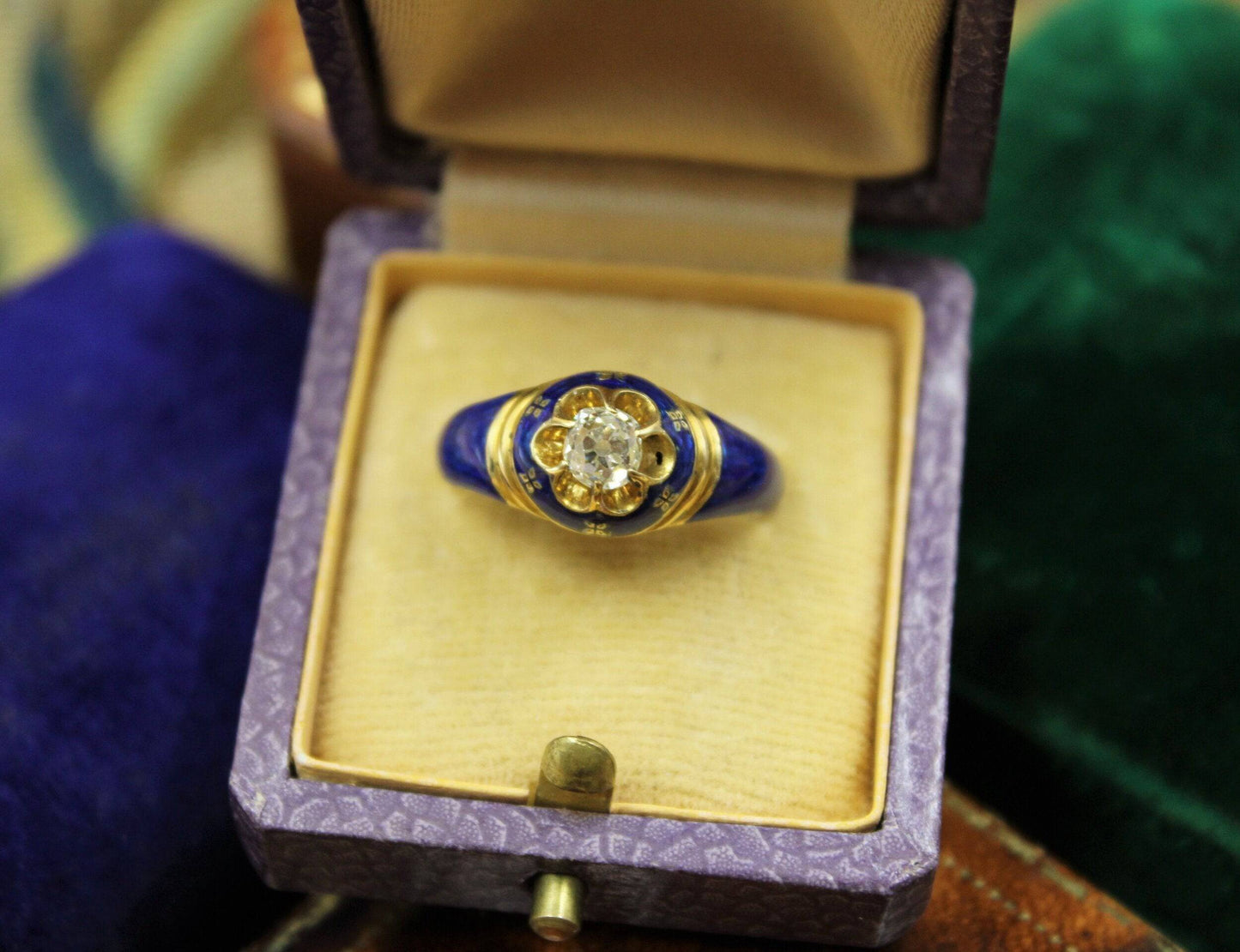 A very fine Diamond and Blue Enamel Mourning Ring set in 18ct Yellow Gold, English, Circa 1850 - Robin Haydock Antiques