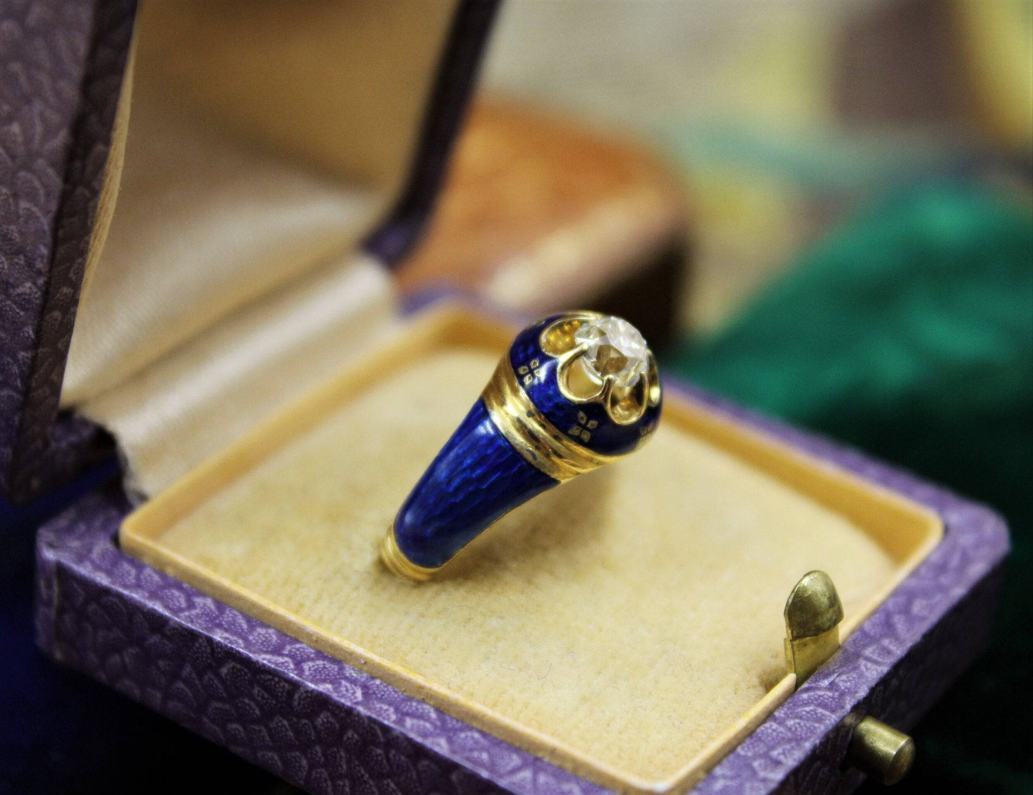 A very fine Diamond and Blue Enamel Mourning Ring set in 18ct Yellow Gold, English, Circa 1850 - Robin Haydock Antiques