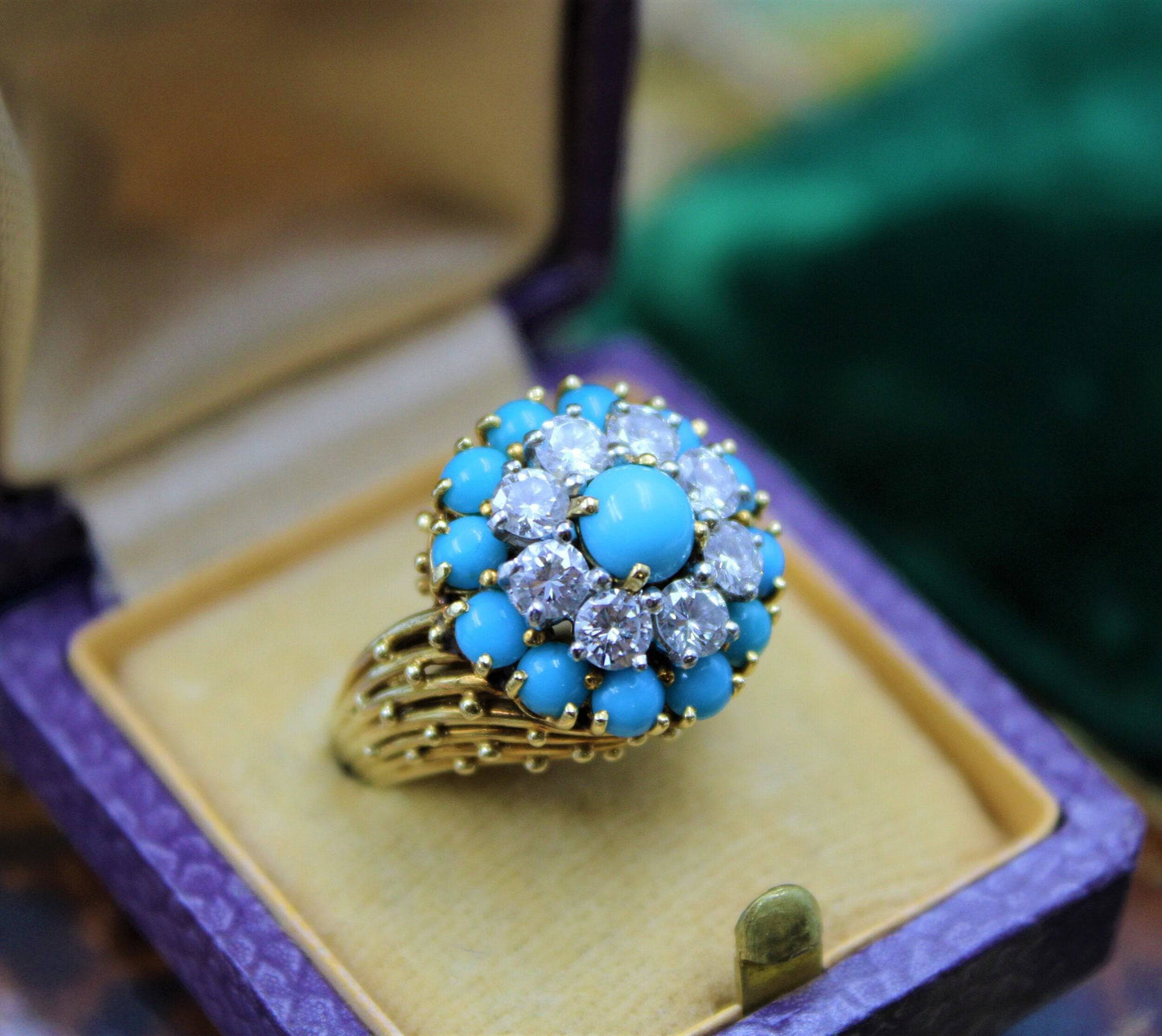 A stylish Turquoise & Diamond Cocktail Ring set in  18ct Yellow Gold, French, Circa 1960 - Robin Haydock Antiques