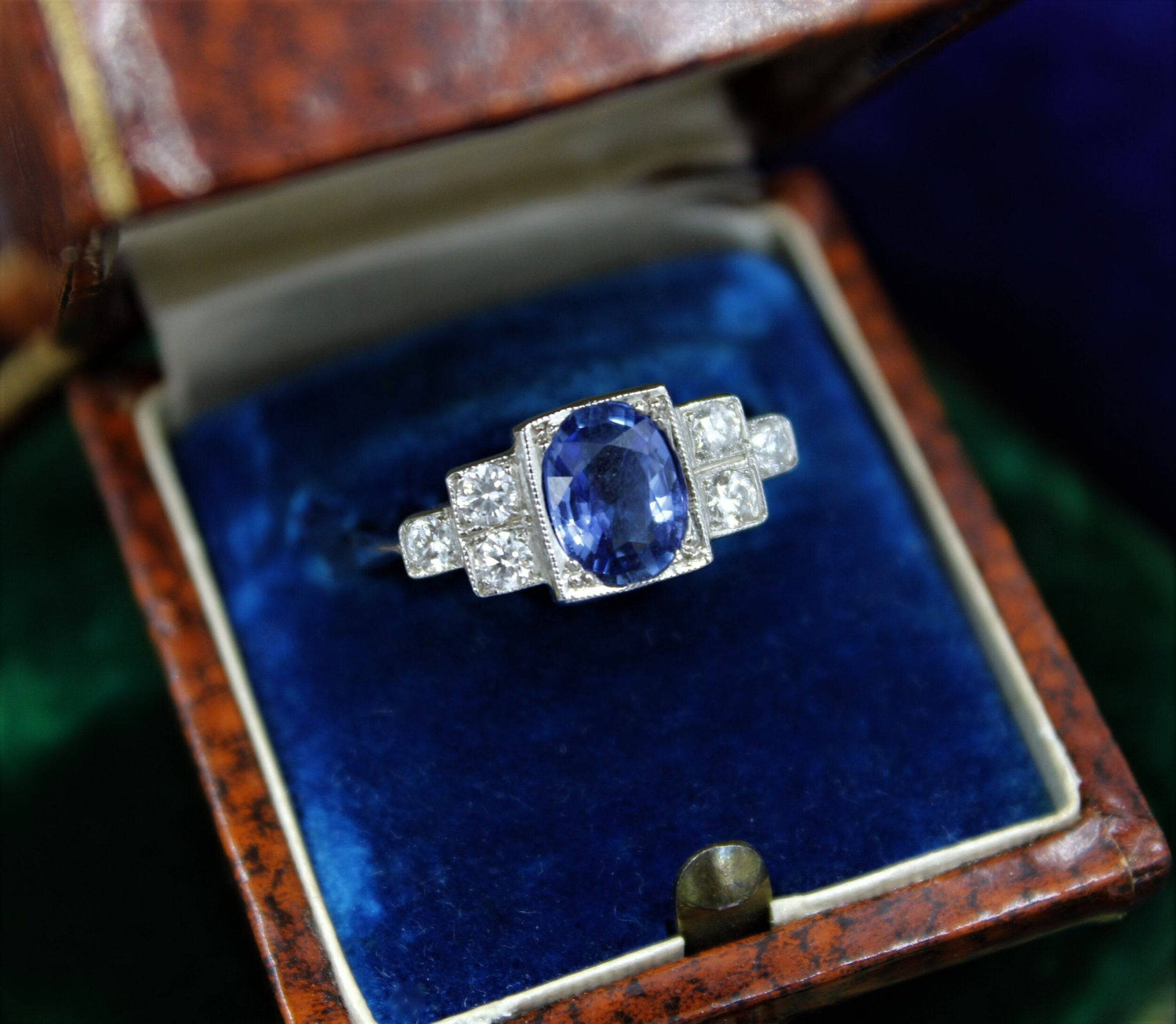 A very fine Art Deco Style Sapphire and Diamond Ring mounted in Platinum, Mid - Late 20th Century - Robin Haydock Antiques