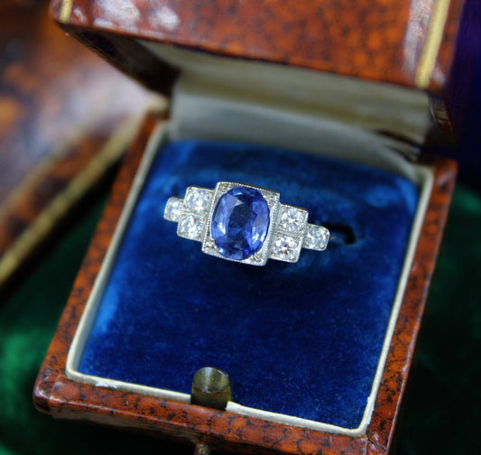 A very fine Art Deco Style Sapphire and Diamond Ring mounted in Platinum, Mid - Late 20th Century - Robin Haydock Antiques
