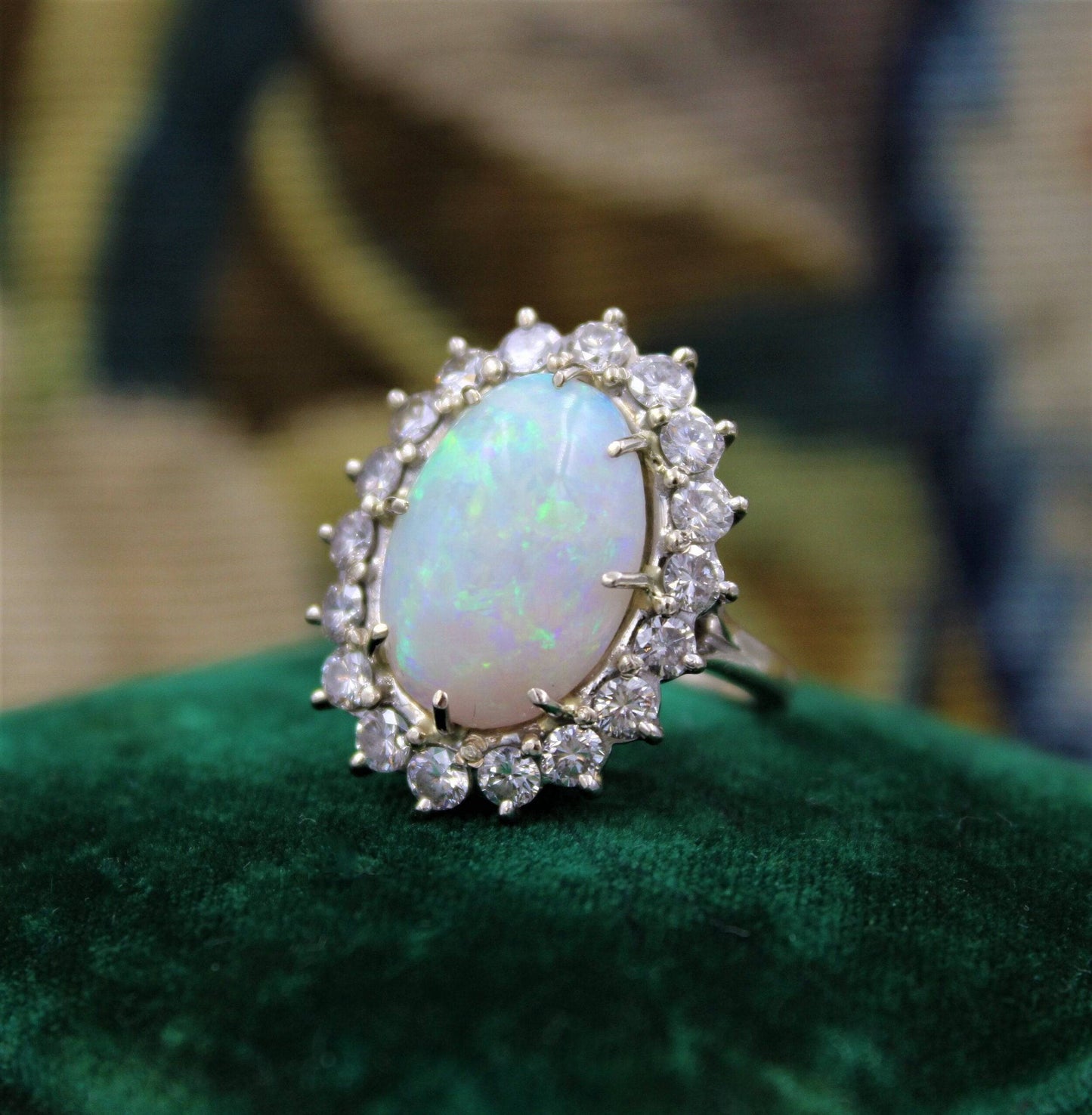 A very fine Opal and Diamond Cluster Ring set in 18ct White Gold, English, Circa 1960 - Robin Haydock Antiques