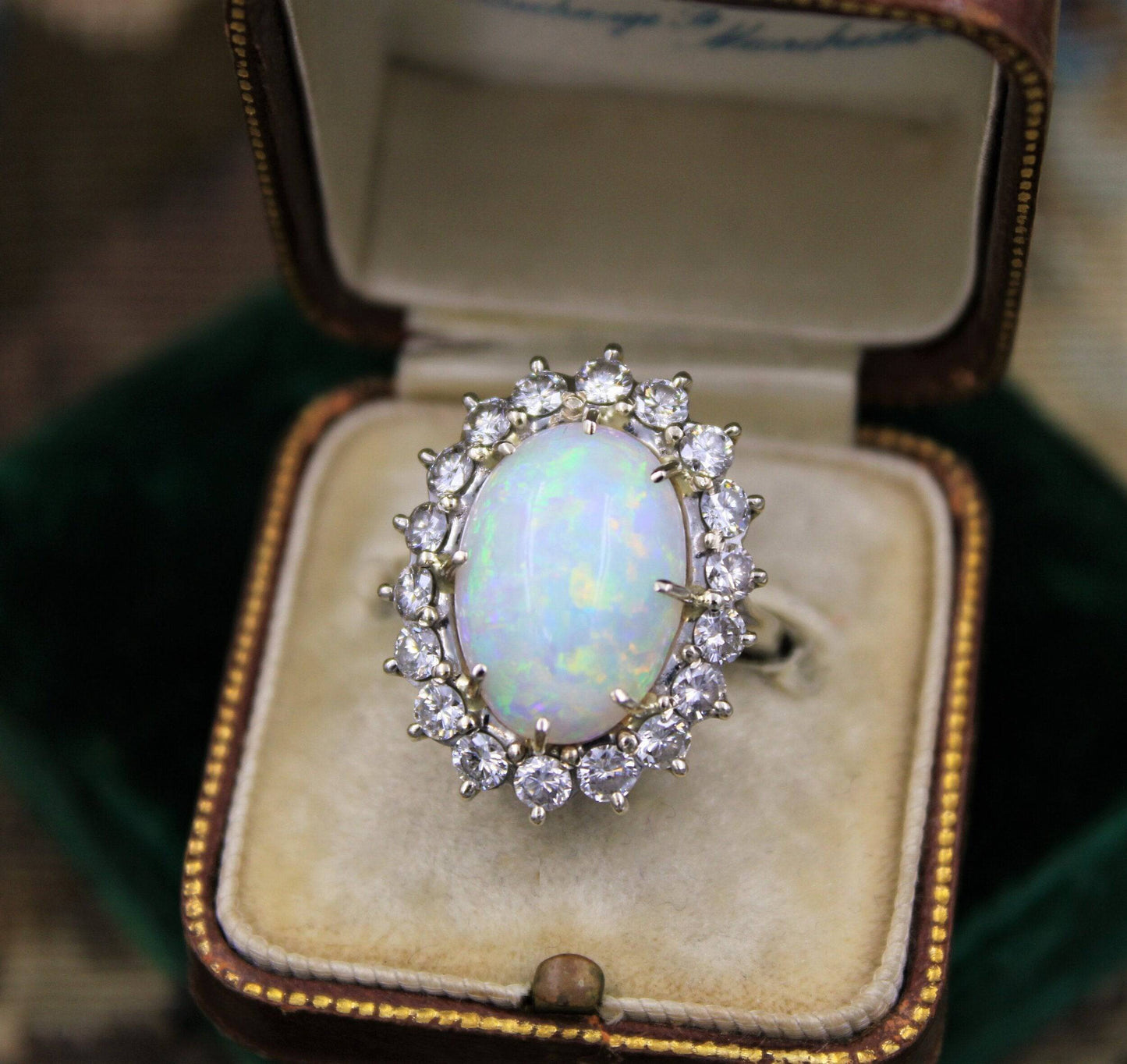 A very fine Opal and Diamond Cluster Ring set in 18ct White Gold, English, Circa 1960 - Robin Haydock Antiques