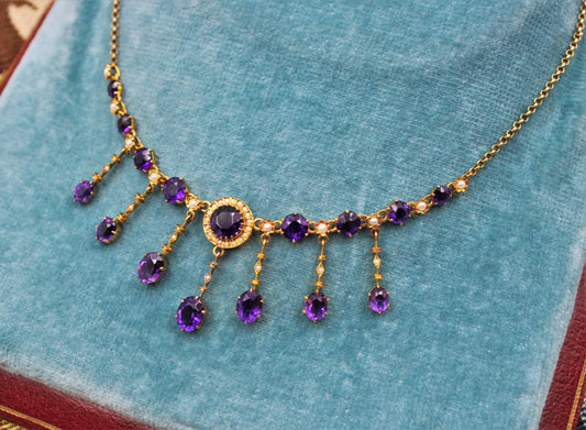 A very fine Edwardian Amethyst & Seed Pearl Necklace in High Carat Yellow Gold, English, Circa 1905 - Robin Haydock Antiques