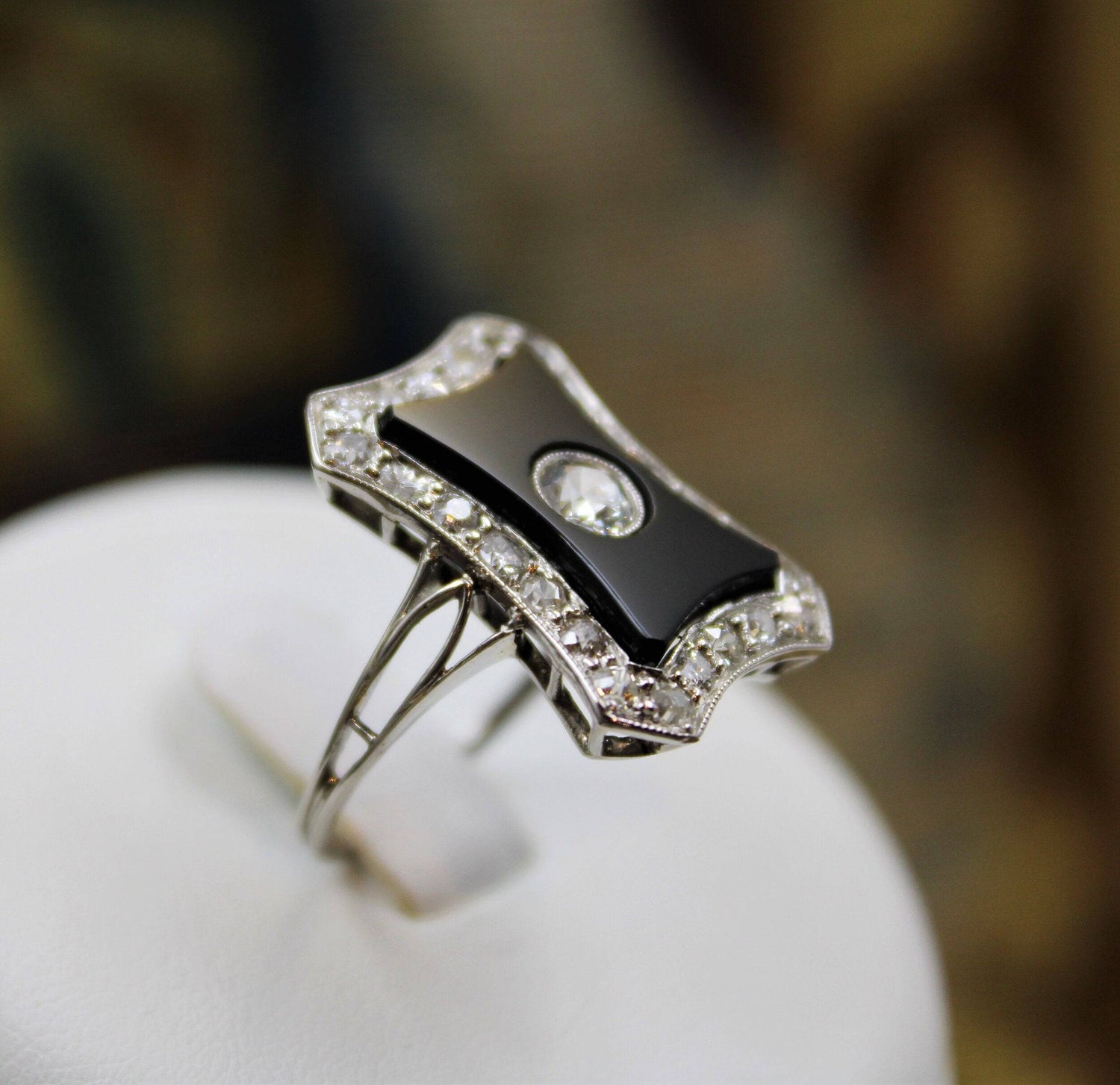 An exquisite Art Deco Black Onyx & Diamond "Plaque" Ring set in Platinum, Circa 1930 - Robin Haydock Antiques