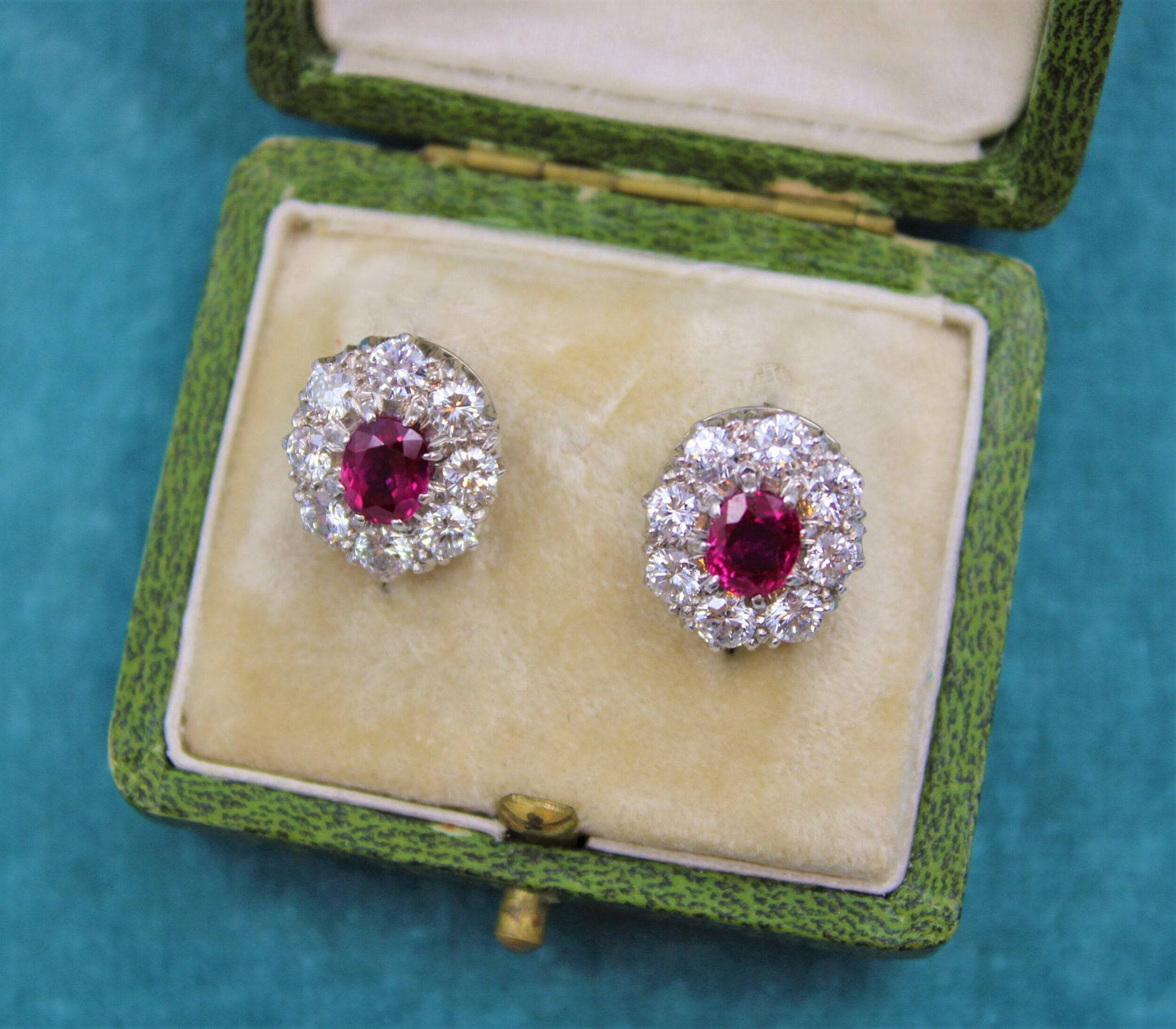 A pair of Natural Burma Ruby and Diamond Cluster Earrings in Platinum and 18ct White Gold, Circa 1950 - Robin Haydock Antiques