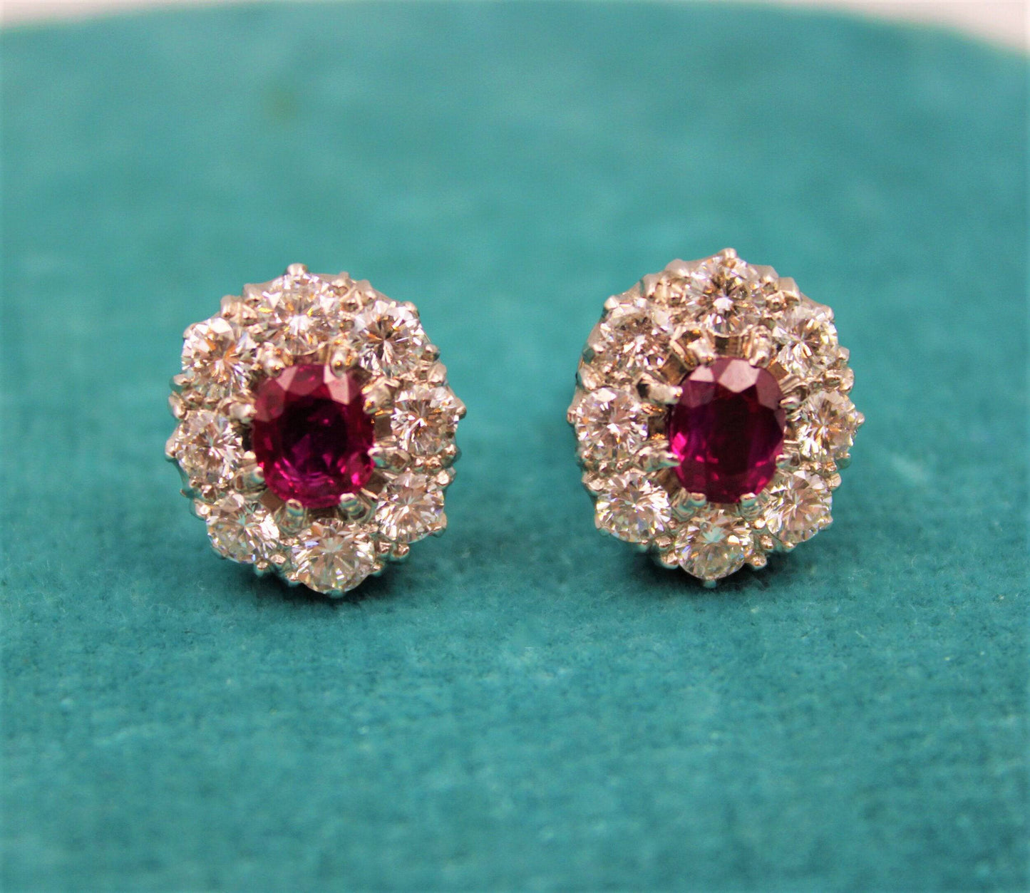 A pair of Natural Burma Ruby and Diamond Cluster Earrings in Platinum and 18ct White Gold, Circa 1950 - Robin Haydock Antiques