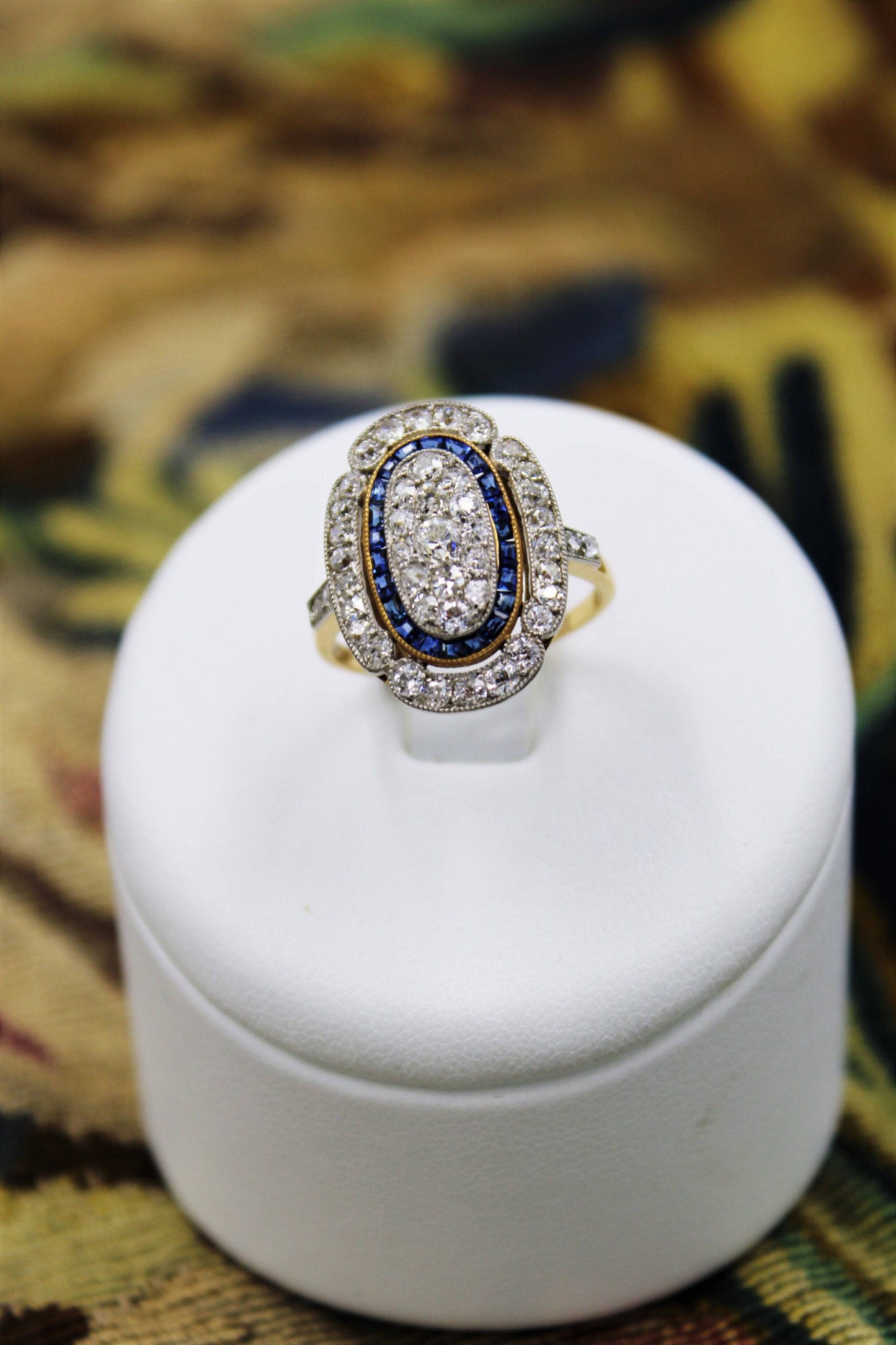 An elongated Diamond and Sapphire Ring set in 18ct Gold & Platinum, French, Circa 1925 - Robin Haydock Antiques