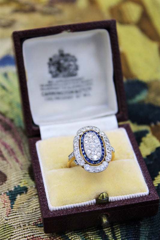 An elongated Diamond and Sapphire Ring set in 18ct Gold & Platinum, French, Circa 1925 - Robin Haydock Antiques