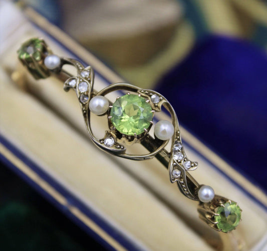 A very fine Peridot, Diamond and Natural Pearl Bangle mounted in 15ct Yellow Gold, English, Circa 1905 - Robin Haydock Antiques