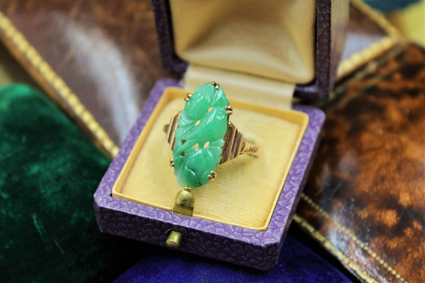 A superb Art Deco Carved Natural Jadeite Ring set in 9ct Yellow Gold, Circa 1930 - Robin Haydock Antiques