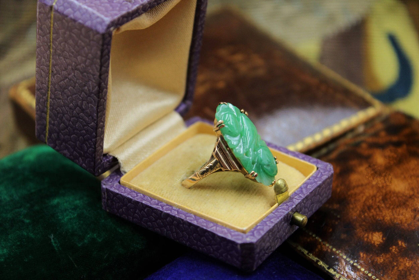 A superb Art Deco Carved Natural Jadeite Ring set in 9ct Yellow Gold, Circa 1930 - Robin Haydock Antiques