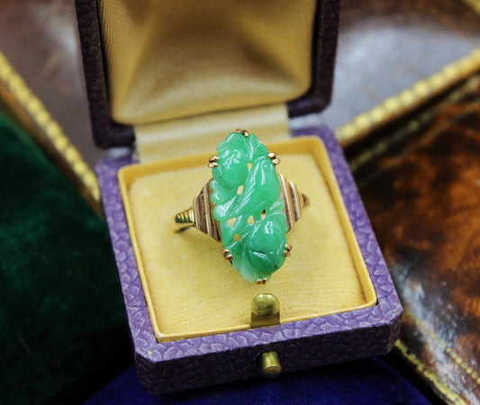 A superb Art Deco Carved Natural Jadeite Ring set in 9ct Yellow Gold, Circa 1930 - Robin Haydock Antiques
