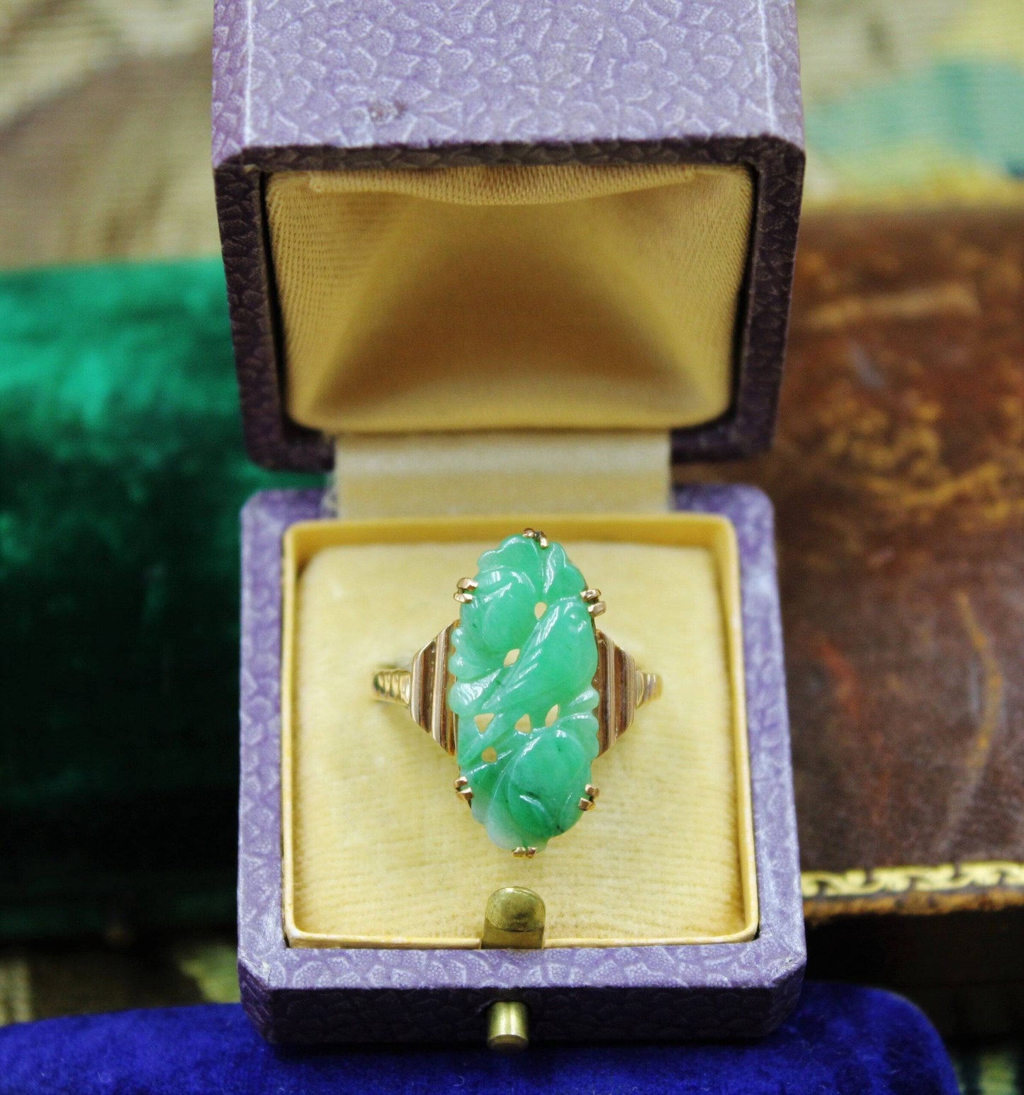 A superb Art Deco Carved Natural Jadeite Ring set in 9ct Yellow Gold, Circa 1930 - Robin Haydock Antiques