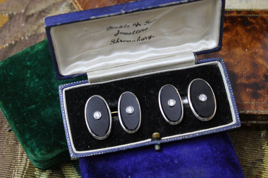 A very fine pair of Black Onyx & Diamond Cufflinks set in 18ct Yellow Gold & Platinum, English, Circa 1950 - Robin Haydock Antiques