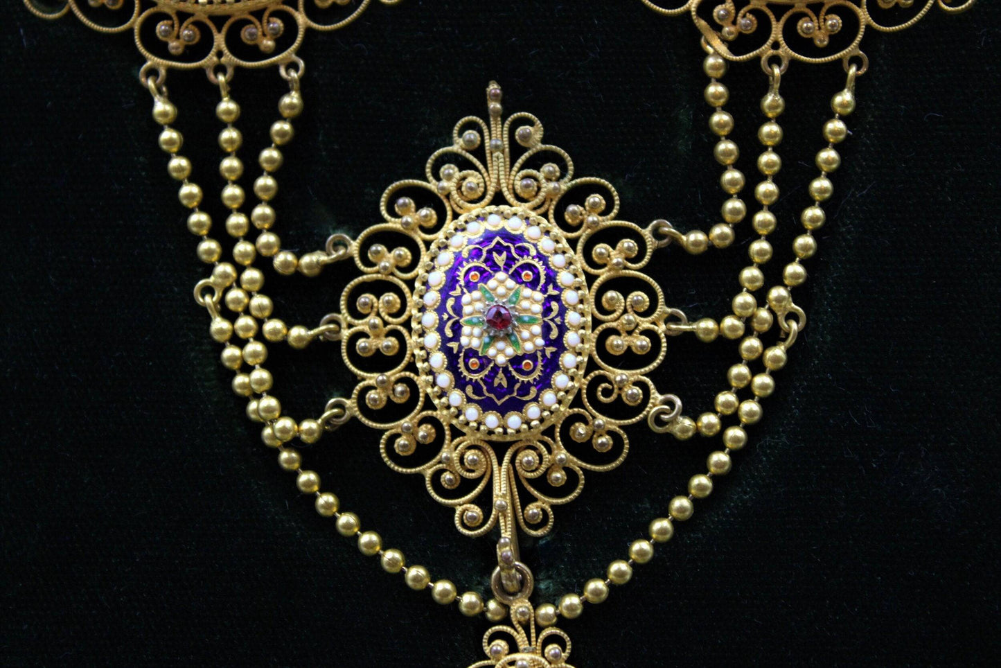 An exquisite Gilt metal Necklace with finely worked Bressan Enamel panels surrounded by Gilded filigree work in the Cannetille style with a detachable Pendant, French, Circa 1870 - Robin Haydock Antiques