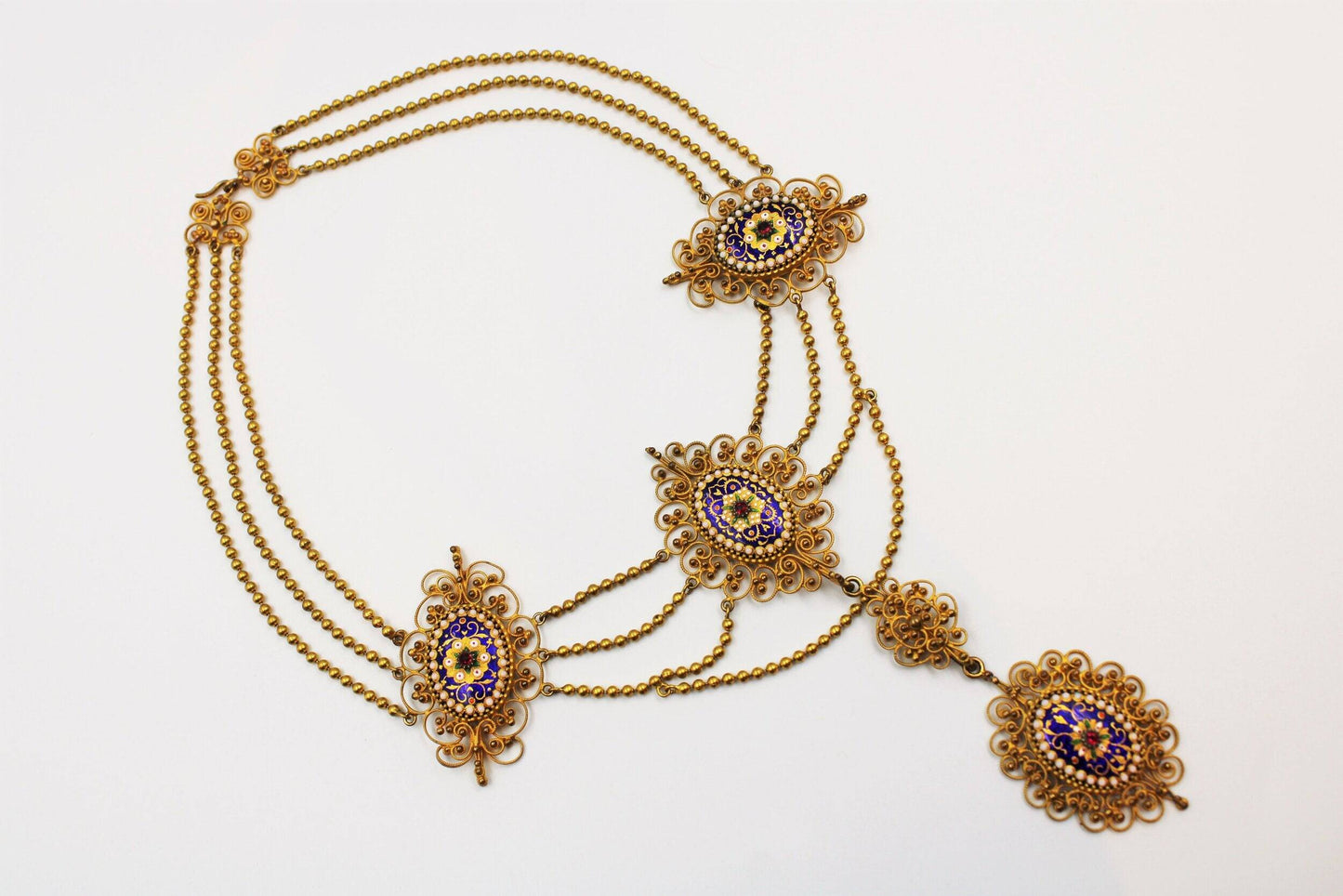 An exquisite Gilt metal Necklace with finely worked Bressan Enamel panels surrounded by Gilded filigree work in the Cannetille style with a detachable Pendant, French, Circa 1870 - Robin Haydock Antiques