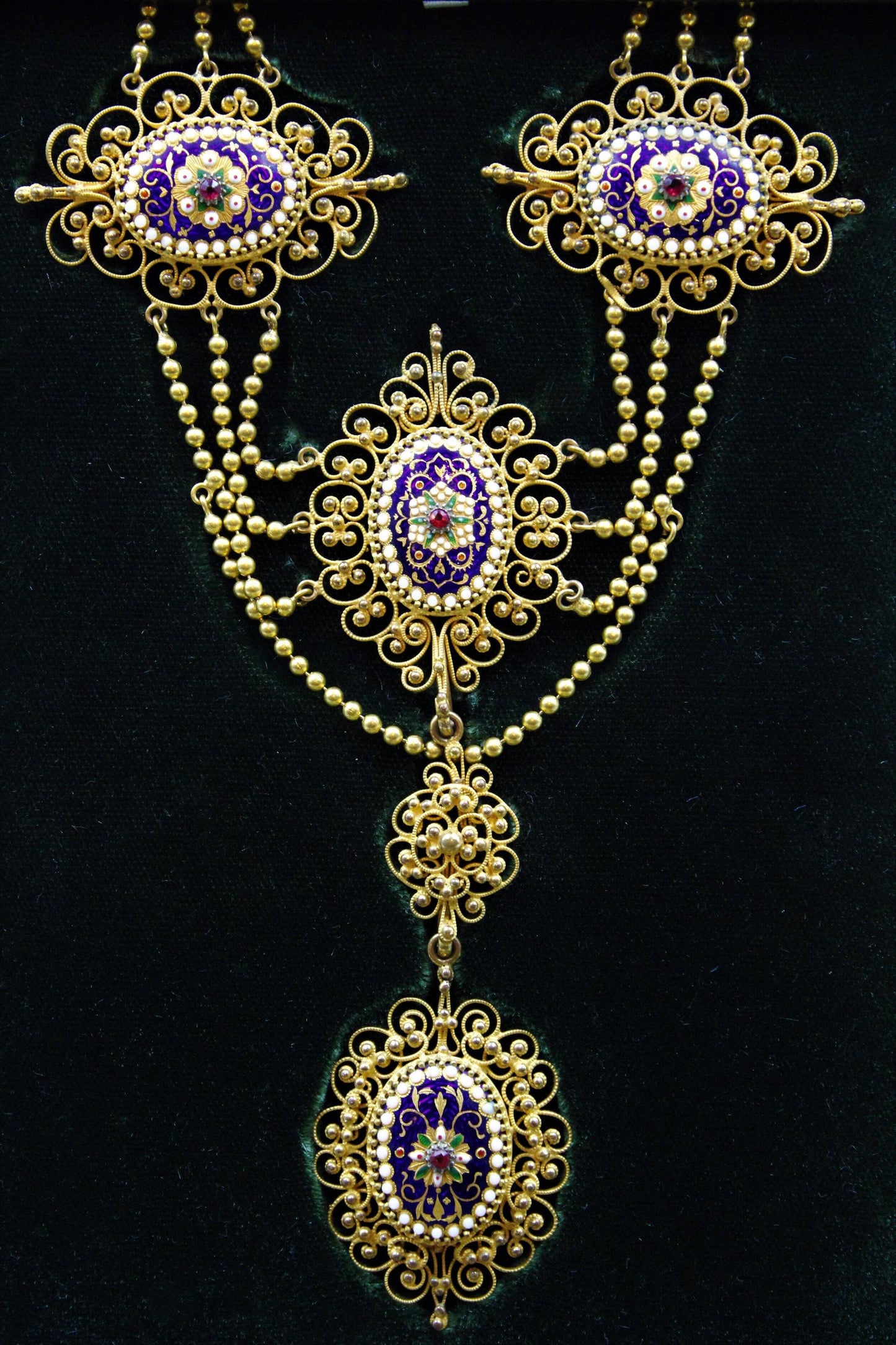 An exquisite Gilt metal Necklace with finely worked Bressan Enamel panels surrounded by Gilded filigree work in the Cannetille style with a detachable Pendant, French, Circa 1870 - Robin Haydock Antiques
