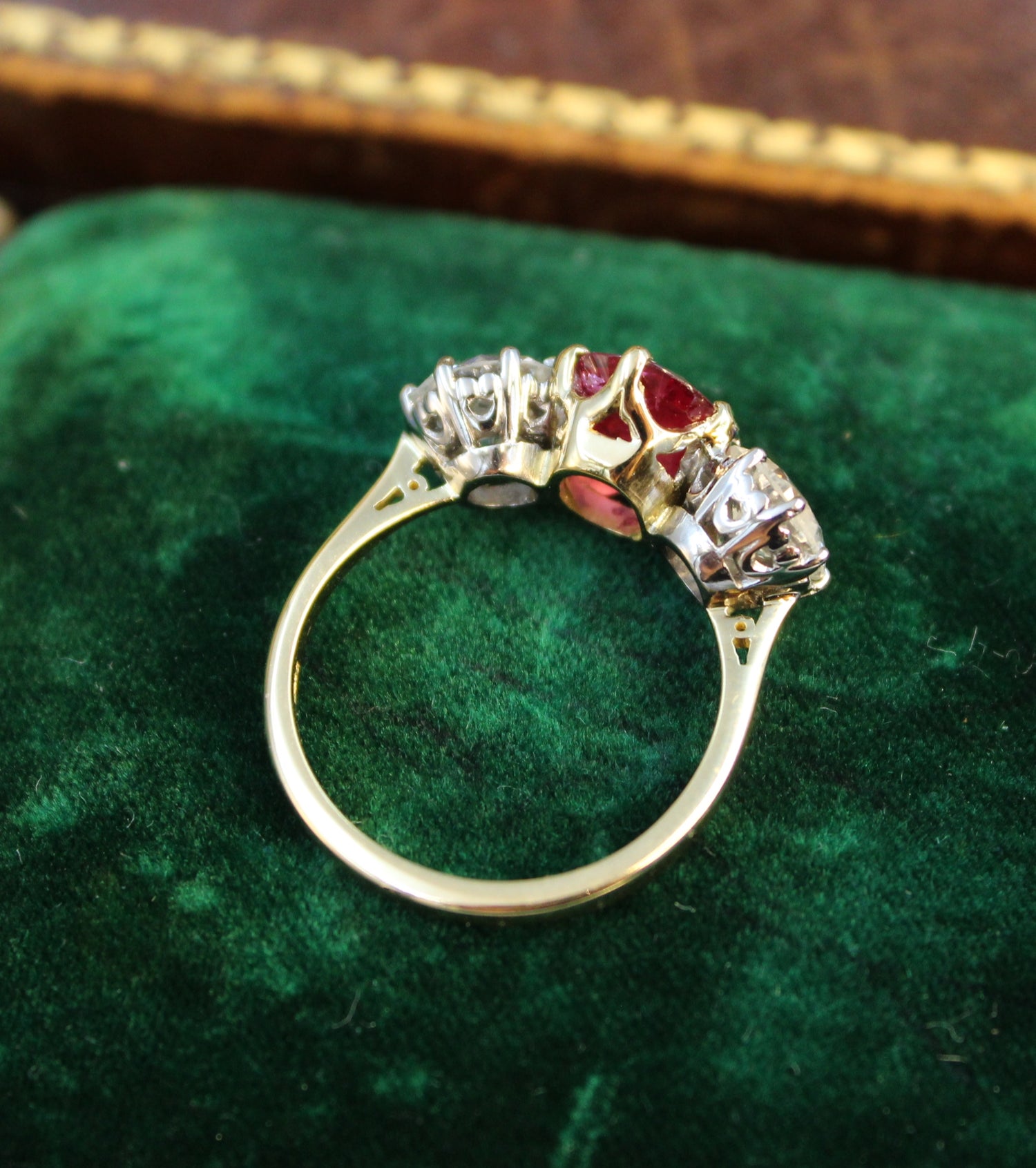 A three-stone Ruby & Diamond Ring in 18ct Yellow Gold, English, Circa 1970 - Robin Haydock Antiques