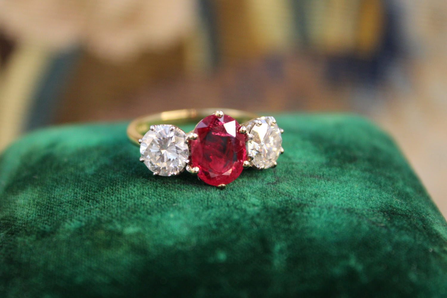 A three-stone Ruby & Diamond Ring in 18ct Yellow Gold, English, Circa 1970 - Robin Haydock Antiques
