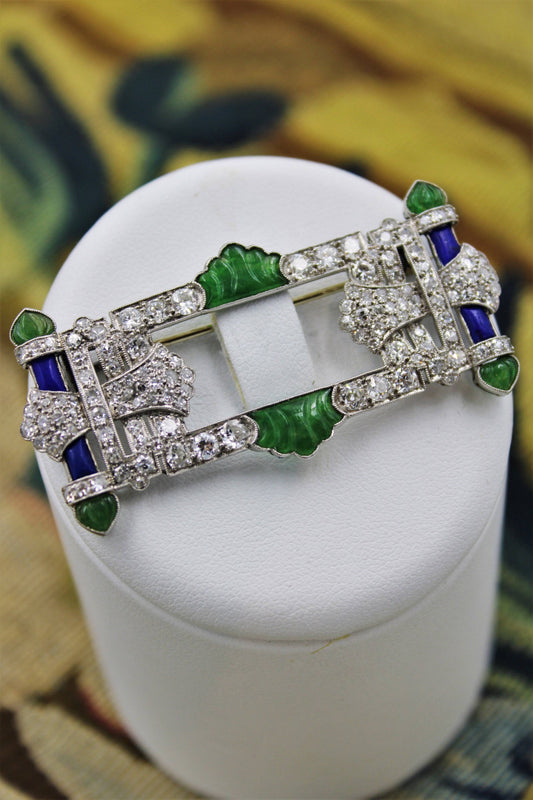 A very fine Diamond, Nephrite Jade & Lapis Lazuli Platinum Art Deco Brooch, Circa 1930 - Robin Haydock Antiques
