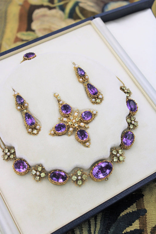 An exceptional example of a late Georgian Demi-Parure in High Carat Yellow Gold set with Amethysts, Seed Pearls and Chrysoberyl, English, Circa 1820 - Robin Haydock Antiques