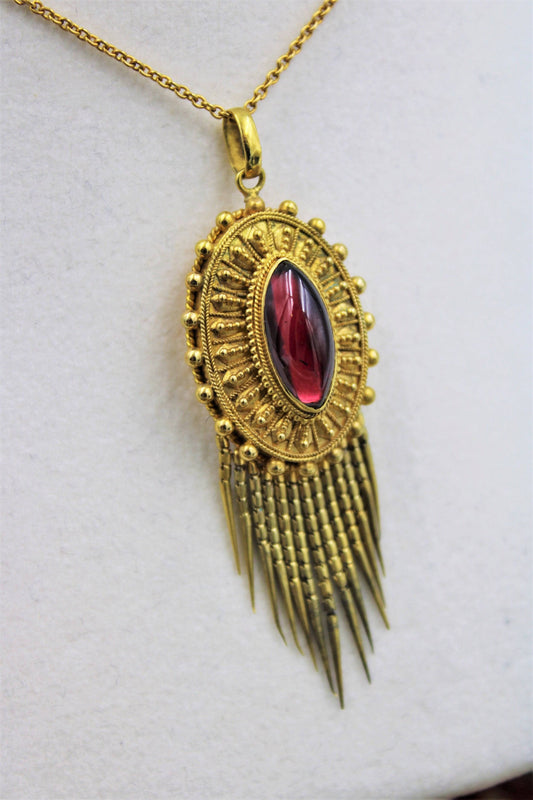 A very fine Victorian Etruscan Revival Garnet Tassel Pendant set in 15ct Yellow Gold, English, Circa 1880 - Robin Haydock Antiques