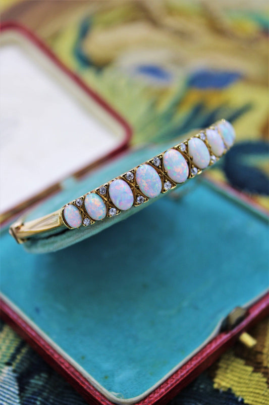 A very fine Graduated Opal and Diamond Bangle set in 15ct Yellow Gold, English, Circa 1905 - Robin Haydock Antiques