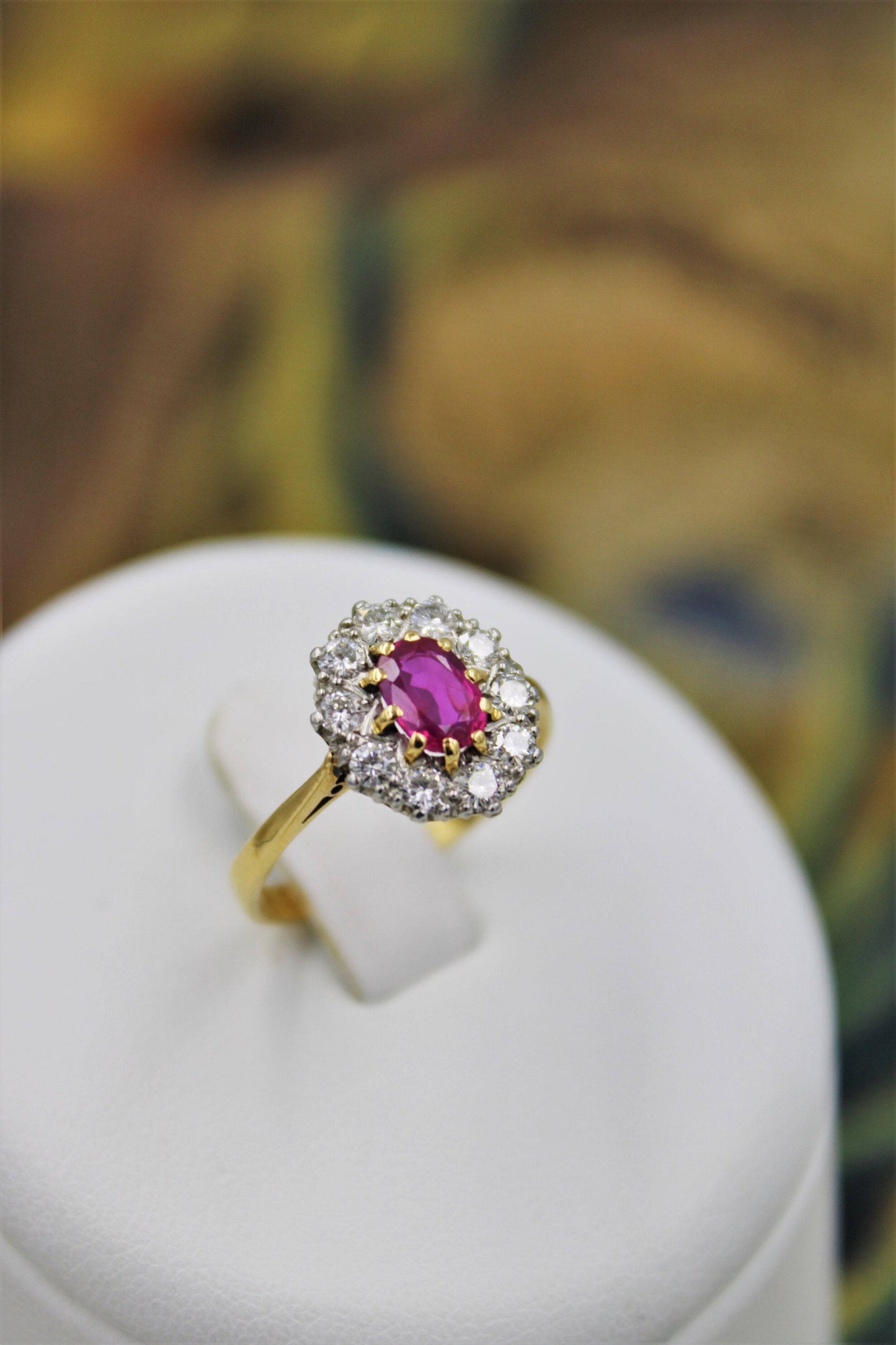 A very fine Oval Natural Ruby & Diamond Cluster Ring mounted in 18ct Yellow Gold, Circa 1955 - Robin Haydock Antiques