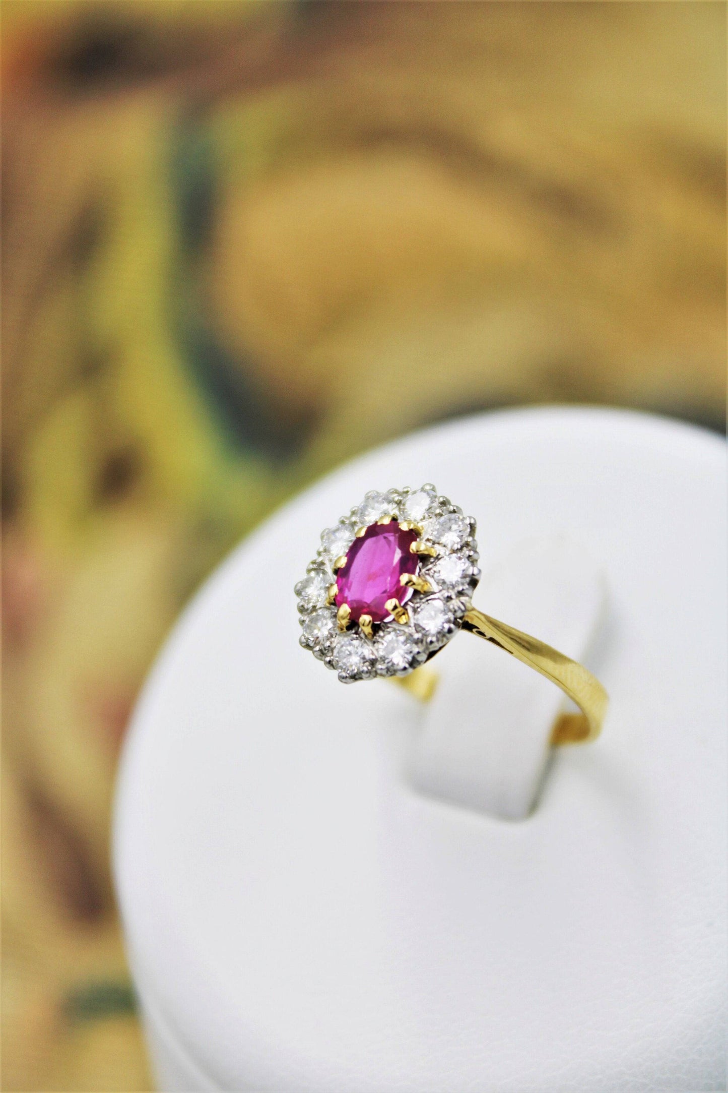 A very fine Oval Natural Ruby & Diamond Cluster Ring mounted in 18ct Yellow Gold, Circa 1955 - Robin Haydock Antiques