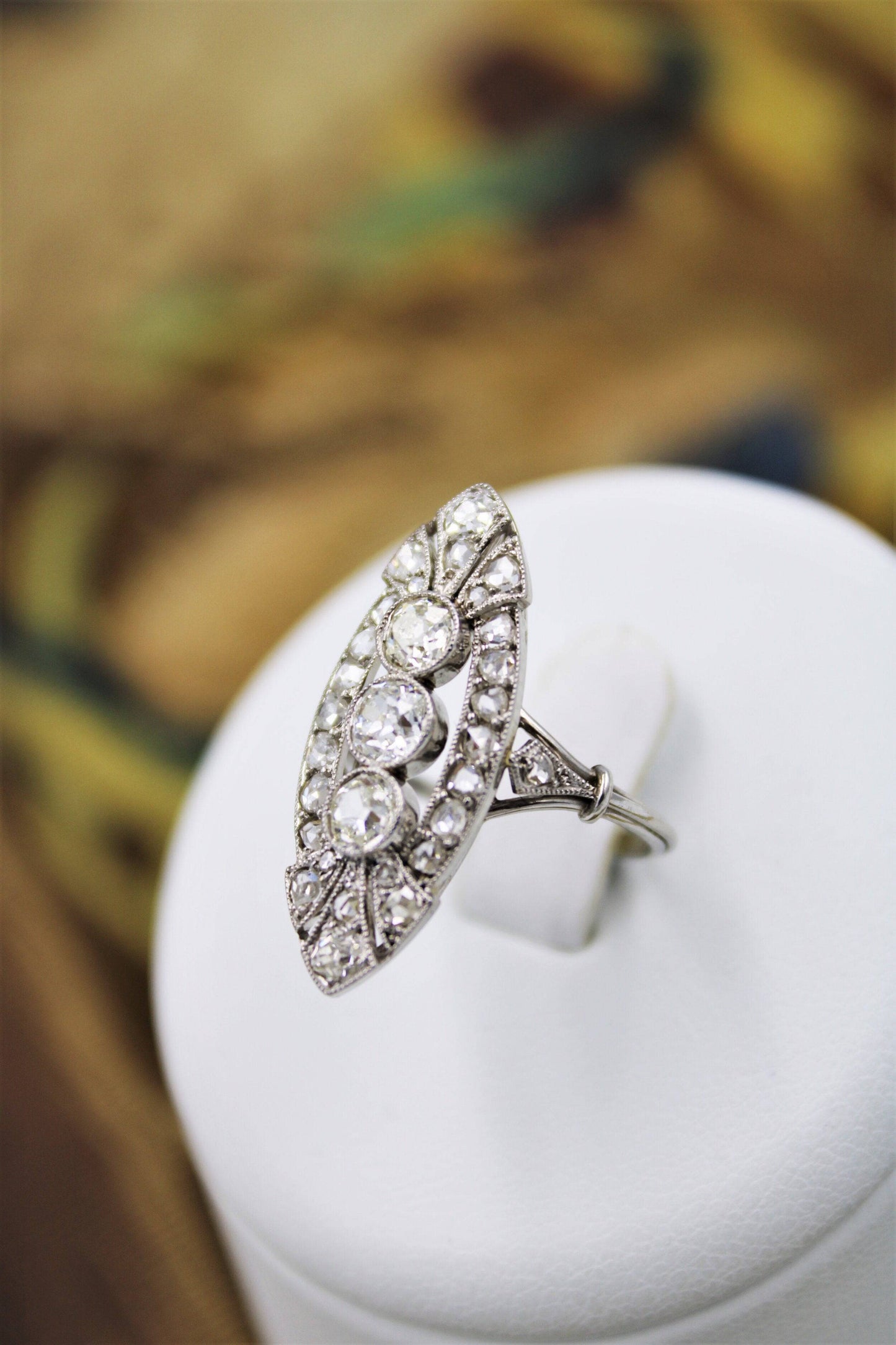 An exceptional Diamond "Navette" Ring mounted in Platinum with French Import Marks, Circa 1920 - Robin Haydock Antiques