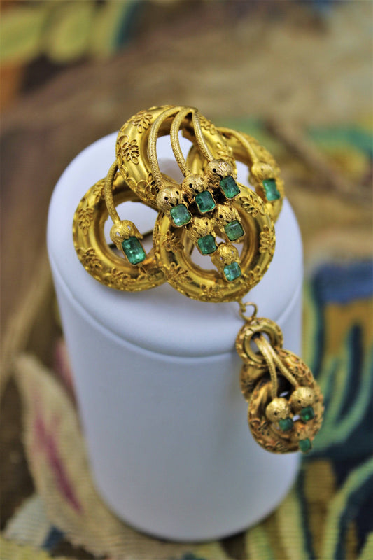 A very fine Emerald Etruscan Revival Pendant/Brooch mounted in High Carat Yellow Gold, English, Circa 1860 - Robin Haydock Antiques