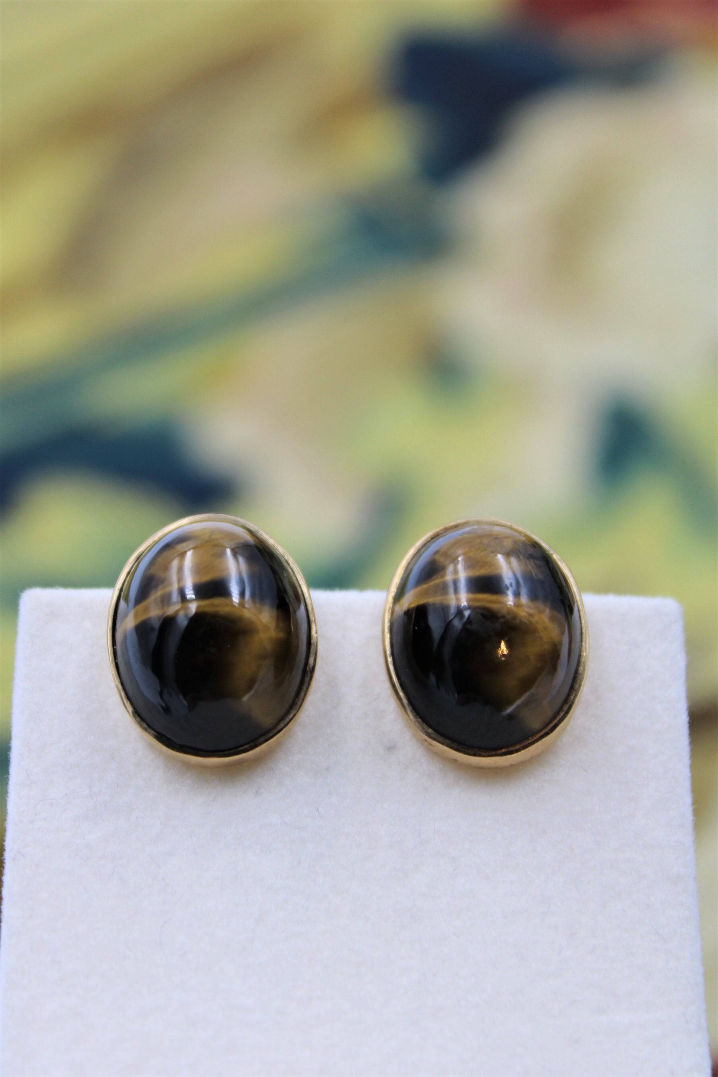 A fine pair of Oval "Tigers Eye" Earrings set in 9ct Yellow Gold, English, Circa 1950 - Robin Haydock Antiques
