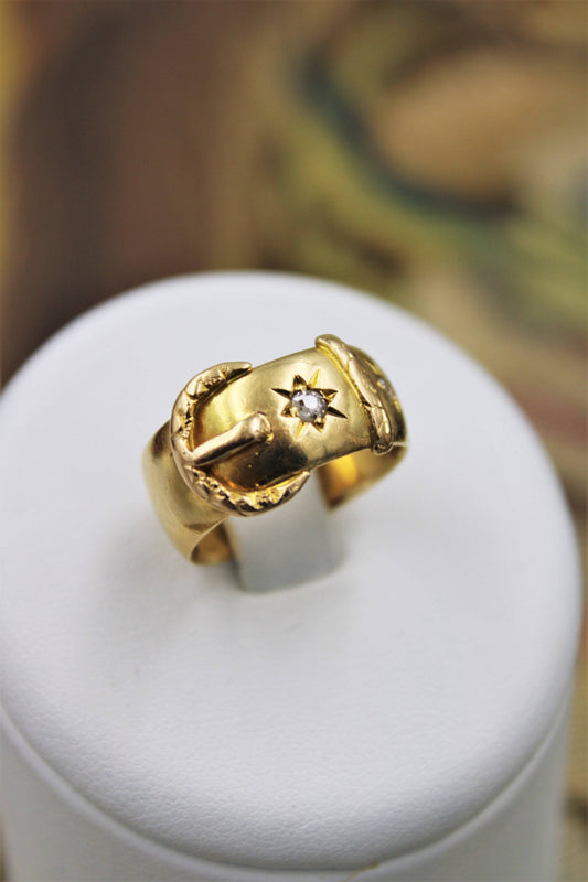 A fine Buckle ring finely chased with two "Old Cut" Diamonds set in 18ct Yellow Gold  (marked), Circa 1901 - Robin Haydock Antiques