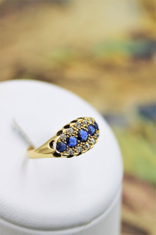 A fine Sapphire and Diamond Five Stone Ring mounted in 18ct Yellow Gold, English, Circa 1890 - Robin Haydock Antiques