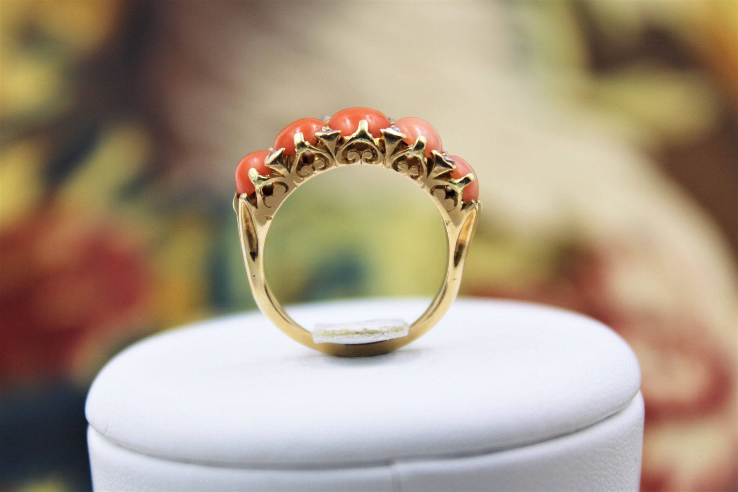 A very fine Victorian Coral and Diamond Ring set in 18ct Yellow Gold, English, Circa 1900 - Robin Haydock Antiques