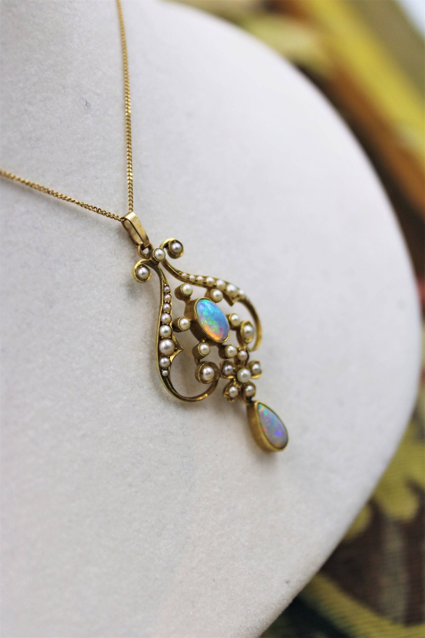 A very fine Art Nouveau Opal & Seed Pearl, Lavaliere Pendant set in 15ct Yellow Gold on a 9ct Gold Chain, English, Circa 1910 - Robin Haydock Antiques