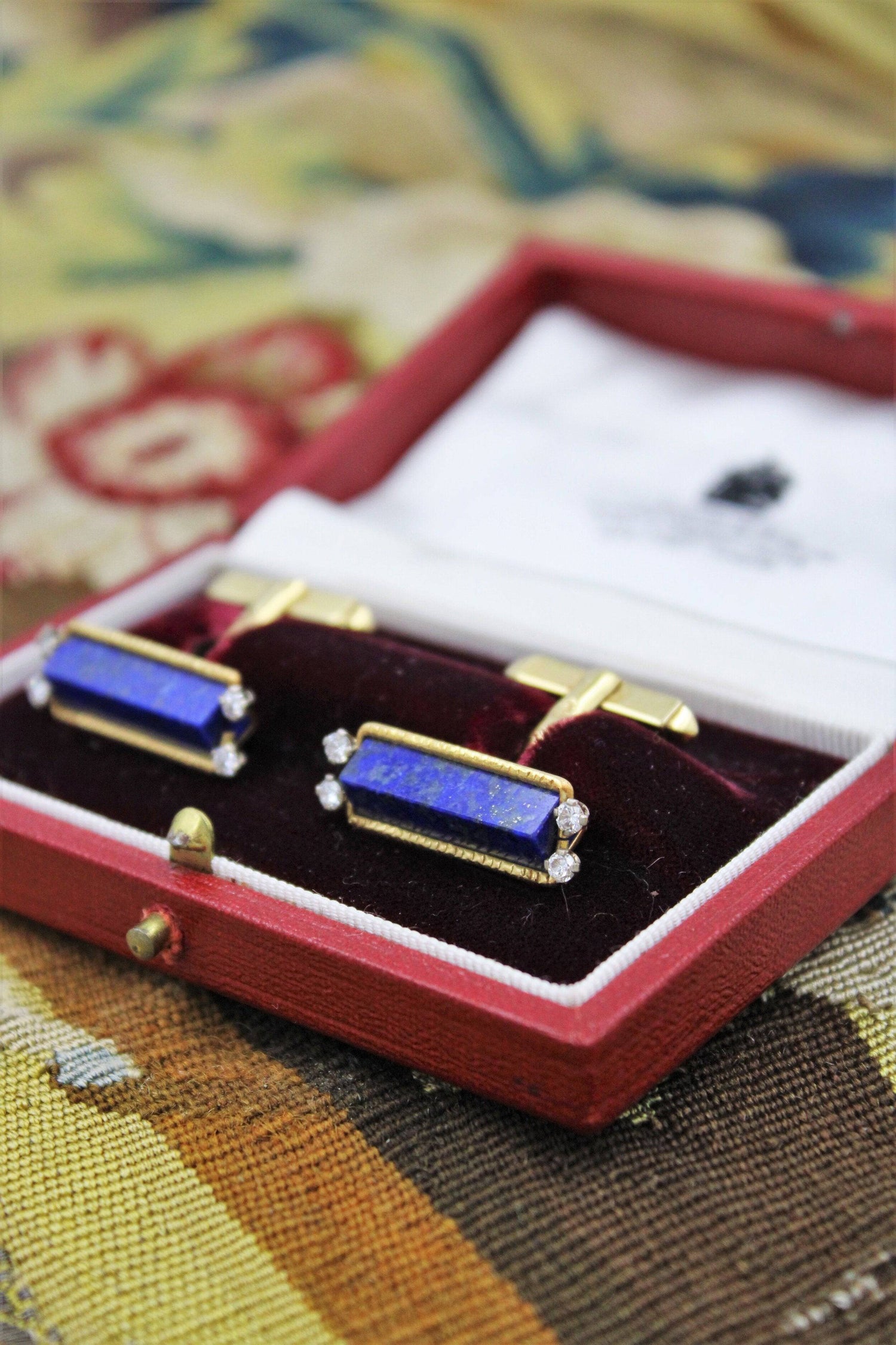 An exceptional pair of Lapis Lazuli and Diamond Cufflinks mounted in 18 Carat Yellow Gold, Aspreys' Date Mark 1974 - Robin Haydock Antiques