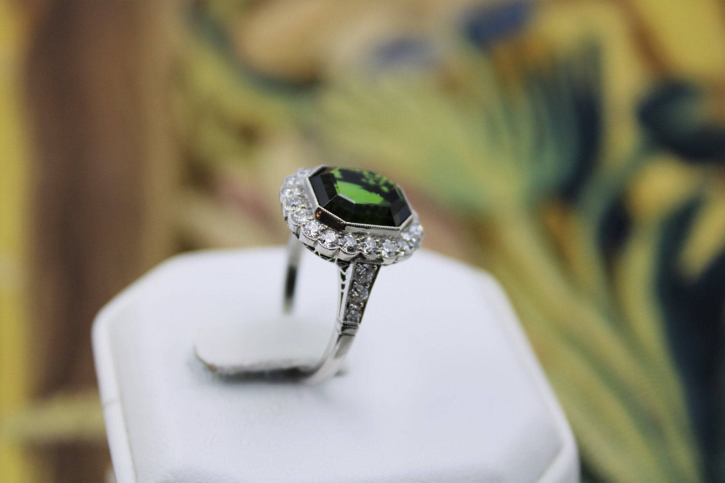 A very fine Green Tourmaline cluster Ring set in Platinum, Pre-Owned - Robin Haydock Antiques