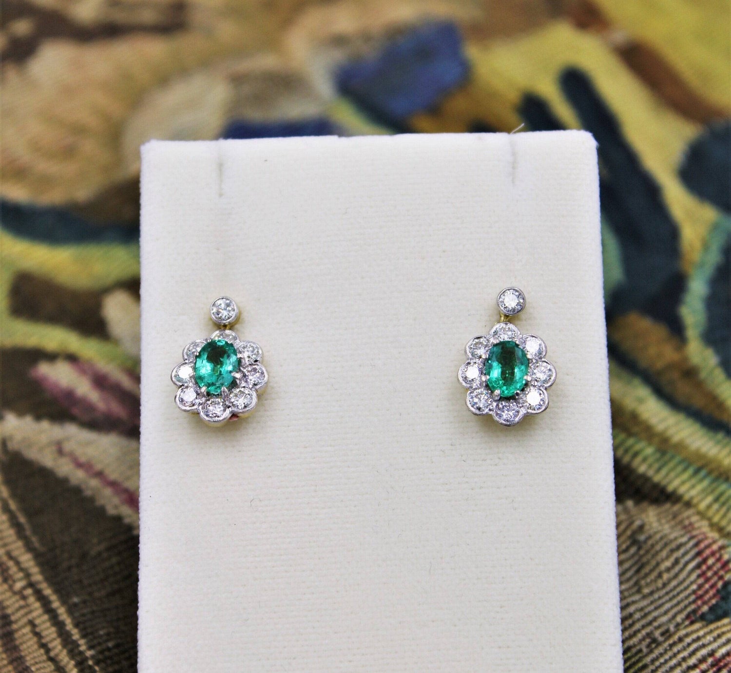 A fine pair of Emerald & Diamond Cluster Drop Earrings set in 18 Carat White & Yellow gold, Pre-owned - Robin Haydock Antiques