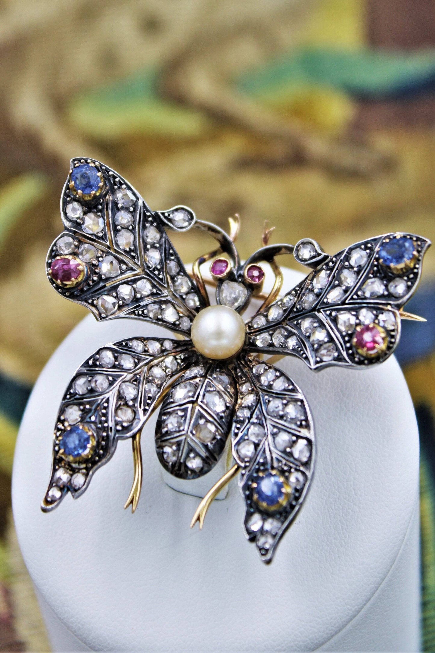 An exceptional Pearl, Ruby, Sapphire & Diamond Butterfly Brooch in Silver Tipped 18 Carat Yellow Gold, French, Circa 1880 - Robin Haydock Antiques