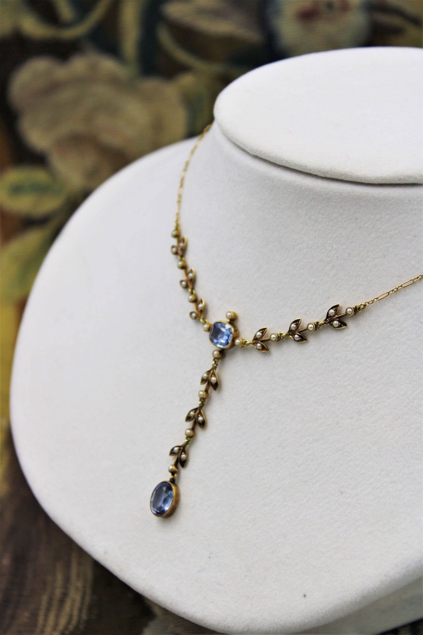 A very beautiful 15 Carat Yellow Gold (stamped) Natural Sapphire & Seed Pearl Demi-Necklace, Belle Époque  Circa 1905 - Robin Haydock Antiques