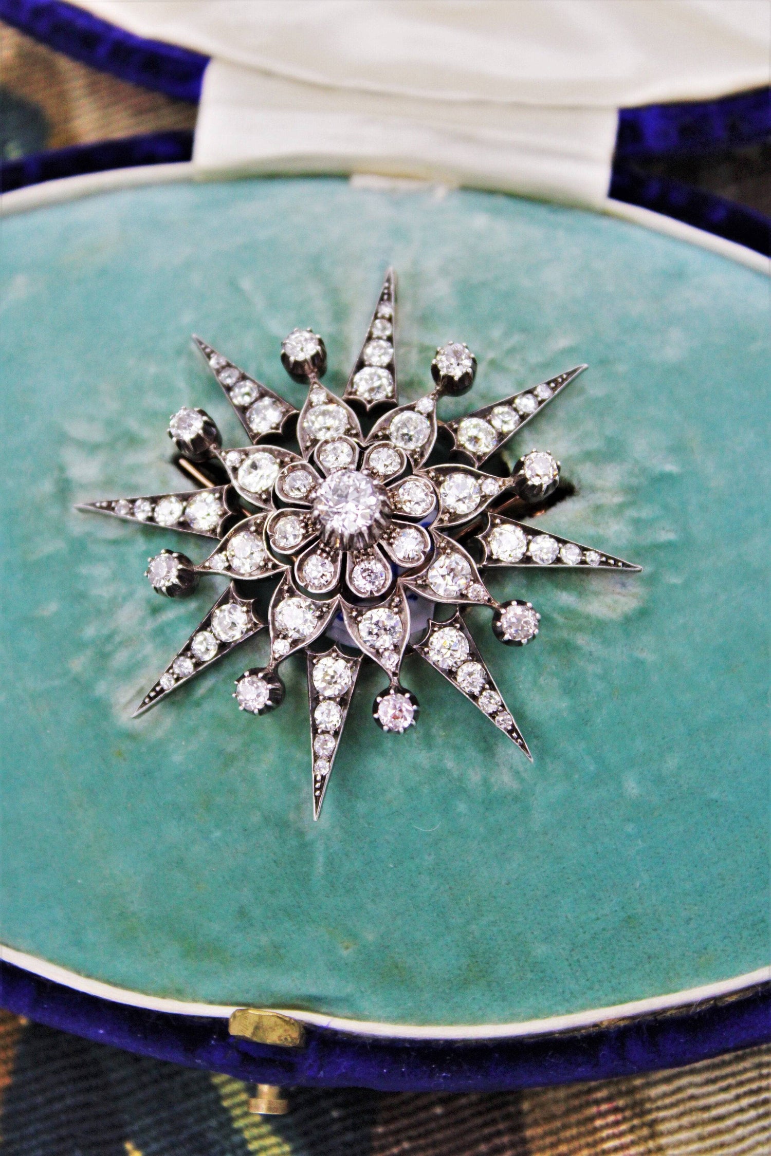 An exquisite Victorian Diamond Starburst Brooch / Pendant / Hair Ornament mounted in 10 Carat Rose Gold & Silver - Tipped, English, Circa 1880 - Robin Haydock Antiques