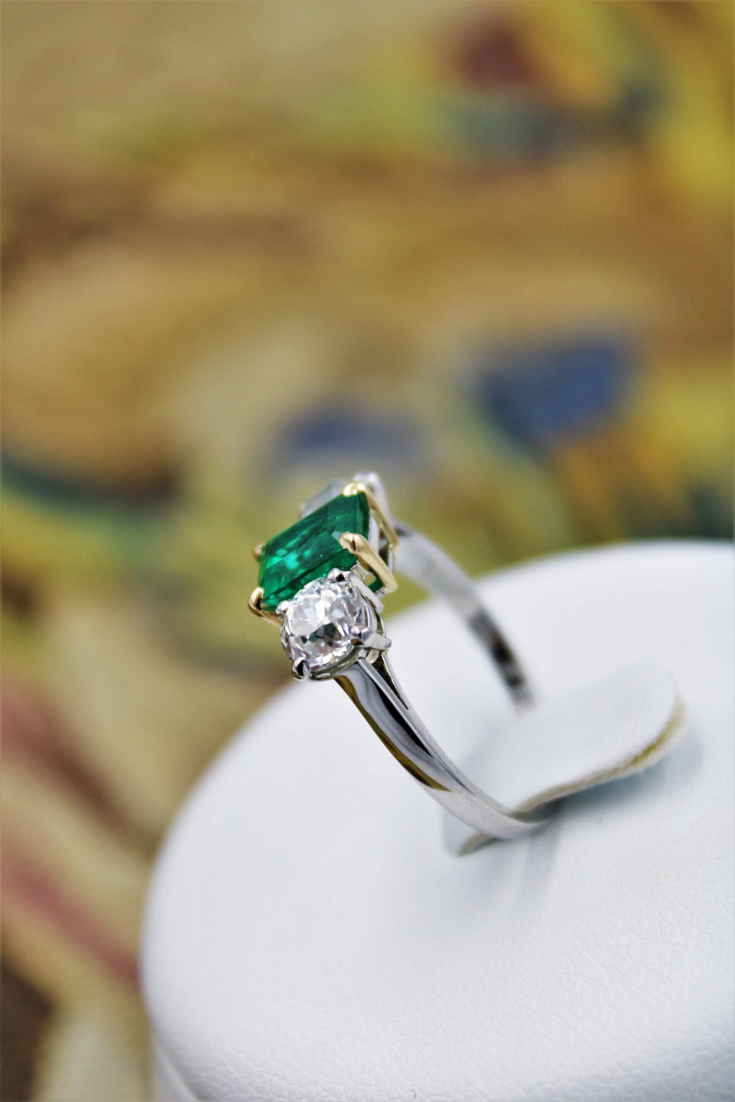 An exceptional Emerald and Diamond Three Stone Ring mounted in Platinum (Marked) and 18 Carat Gold, Pre-Owned - Robin Haydock Antiques