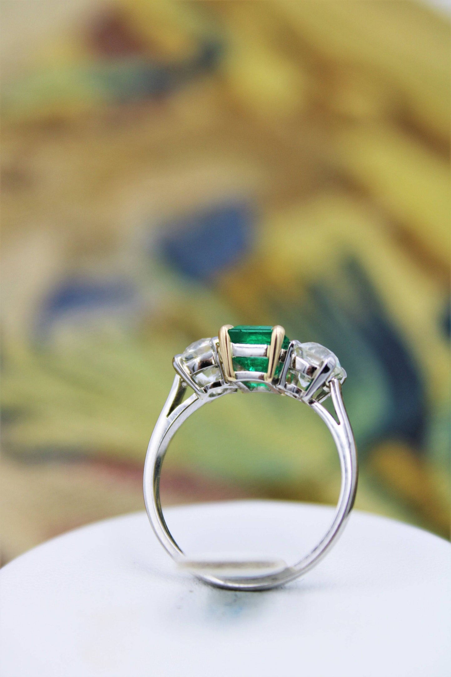 An exceptional Emerald and Diamond Three Stone Ring mounted in Platinum (Marked) and 18 Carat Gold, Pre-Owned - Robin Haydock Antiques